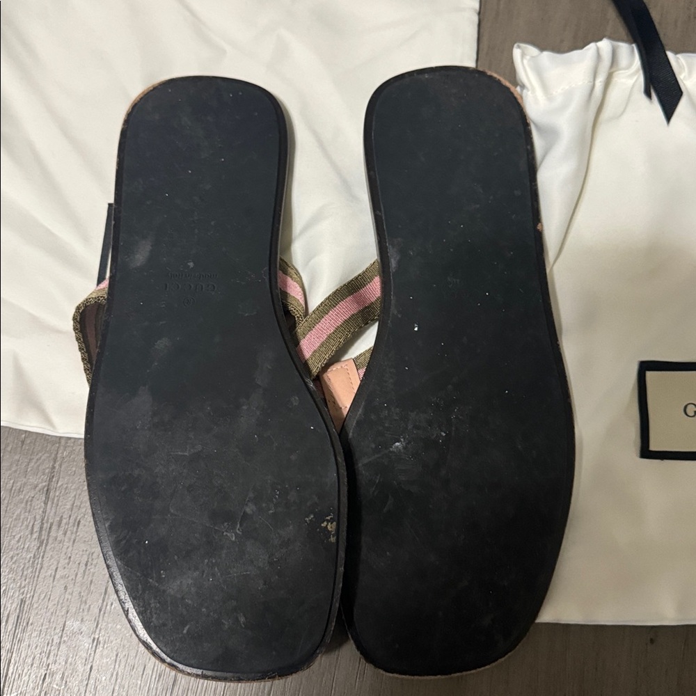 Gucci Pink & Green Web Leather Thong Sandals with GG Size 7.5 - Picture 5 of 7